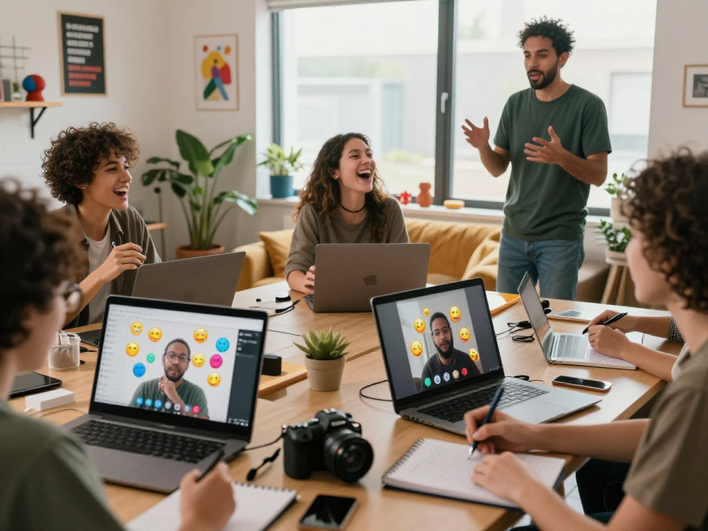 Participants enjoying improv classes online, engaging creatively in a vibrant home setting.