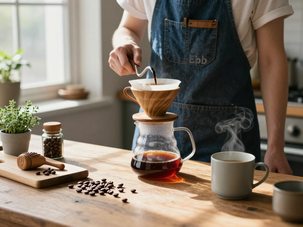 Brewing coffee with Ebb apron in a cozy kitchen, www.ebbfilter.com reusable filters featured.
