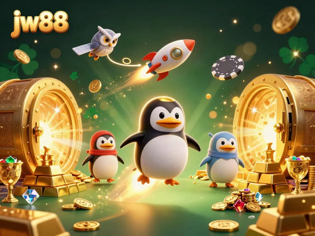 Engage with JW88 Casino's thrilling journey as a golden penguin leads the way to gaming treasures.