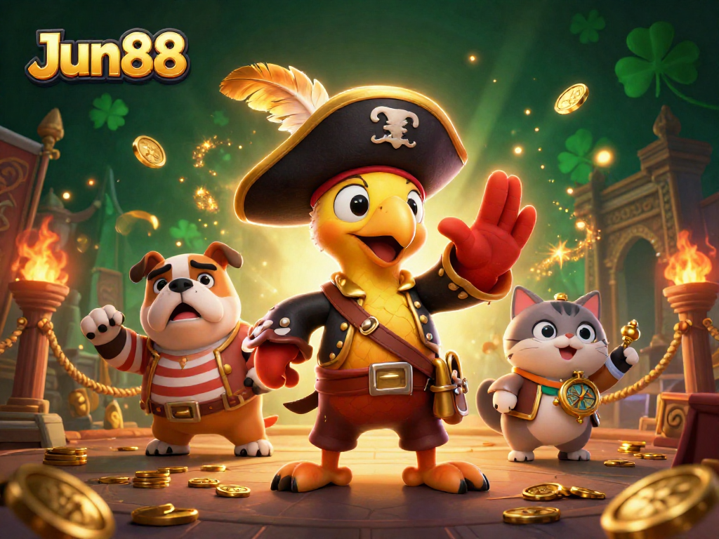 Experience thrilling gaming at Jun88 with a vibrant pirate-themed illustration showcasing gambling excitement.