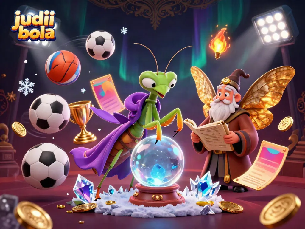 Experience exciting judi bola action in a packed 3D illustration featuring vibrant gambling elements and characters.
