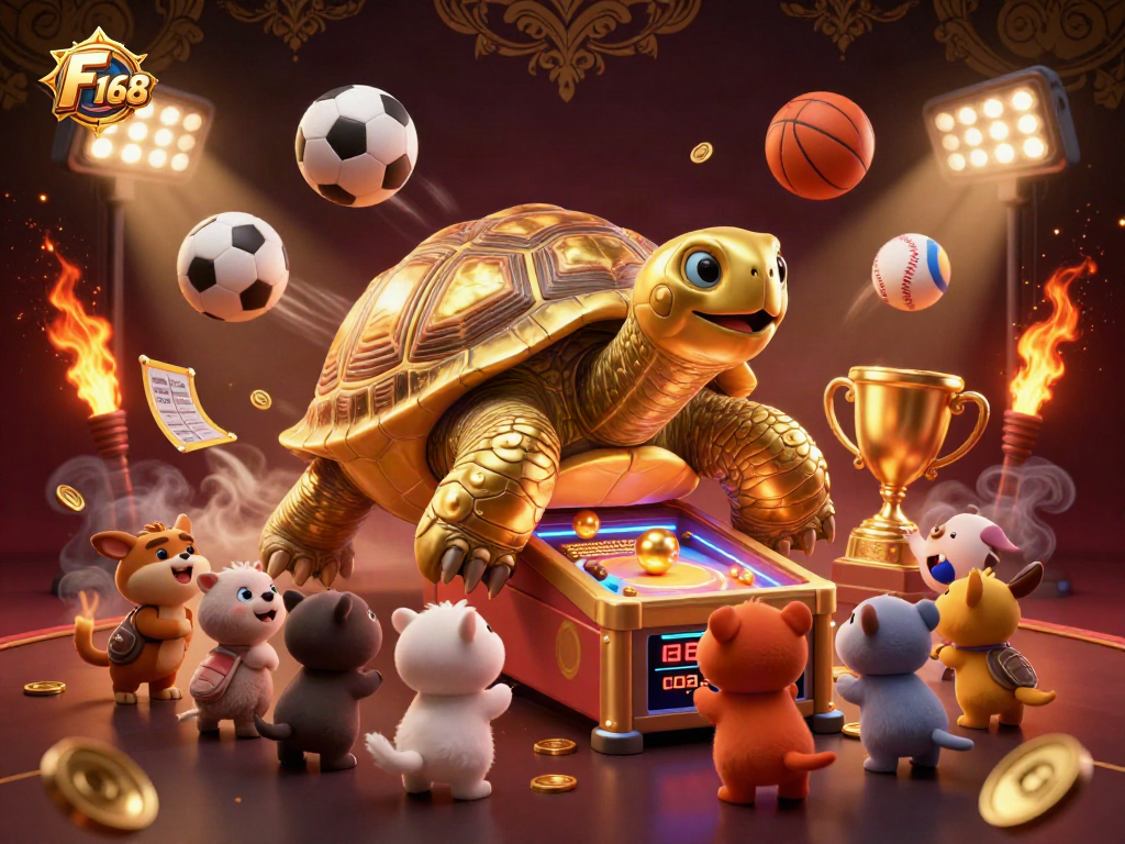 F 168 showcases thrilling casino action with a golden tortoise pinball machine surrounded by excited players.