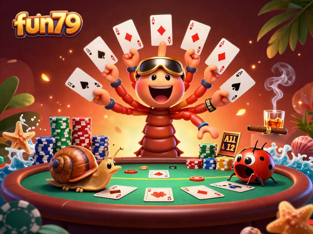 Experience fun79's vibrant casino atmosphere with a cartoon dealer and stack chips.