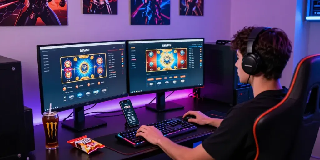 Gamer memeriksa portal informasi DEWI19 untuk slot gacor malam ini dengan monitor ganda dan perpustakaan permainan.