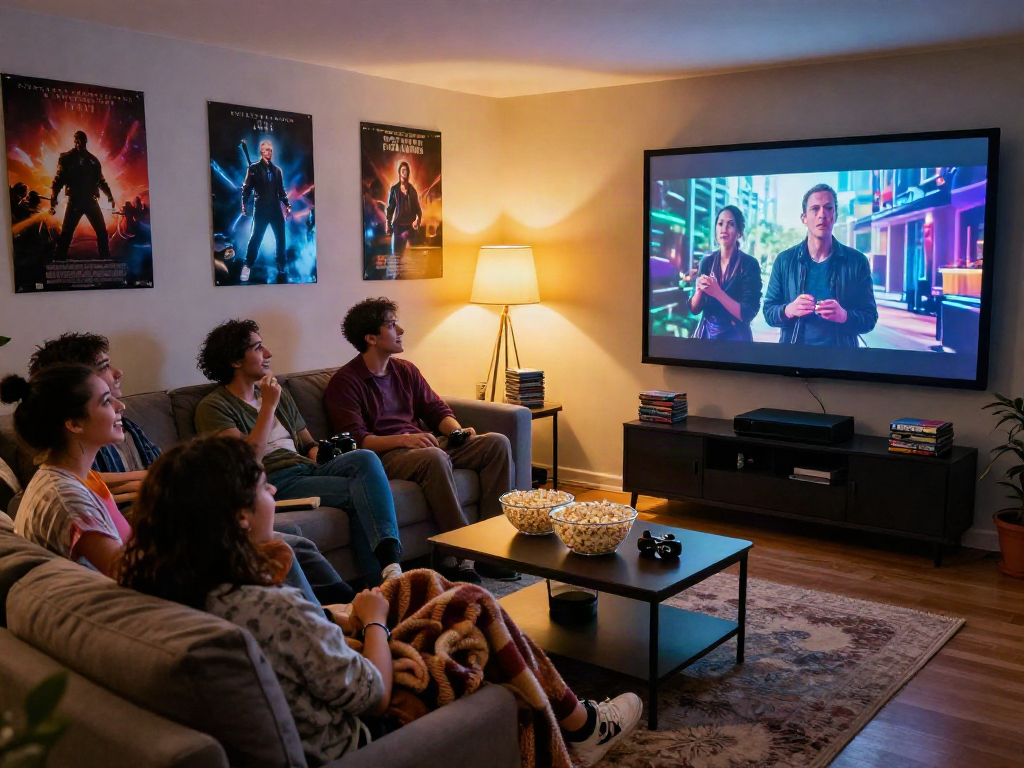 Moviebox friends enjoying a cinematic experience in a cozy living room.