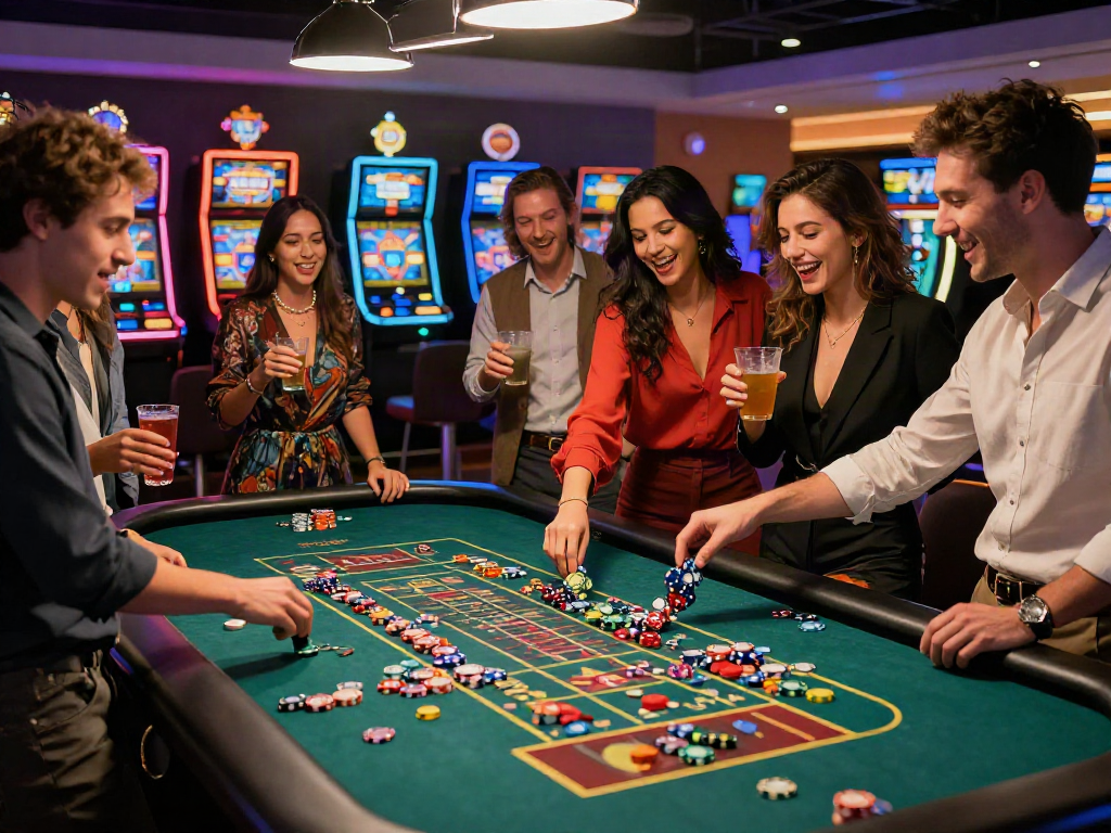 Ratutogel, suasana kasino yang meriah dengan teman-teman merayakan di meja roulette.