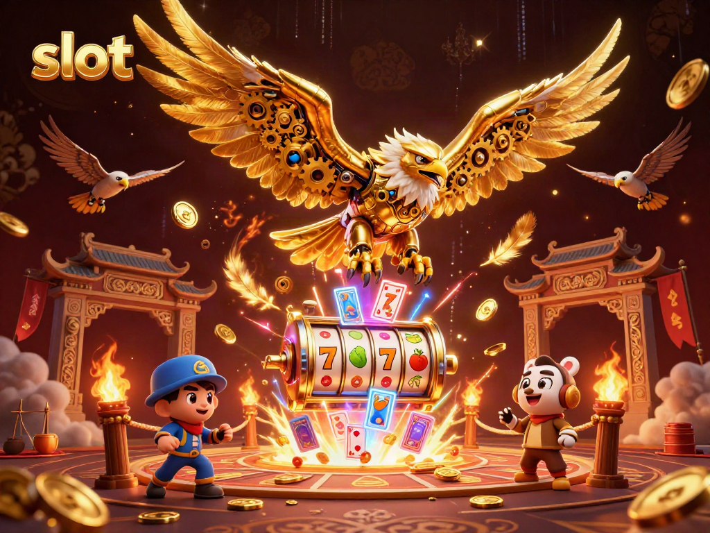 Experience thrilling slot action with a diving golden eagle and holographic elements in a vibrant casino setting.