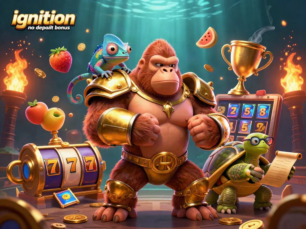 Ignition casino no deposit bonus offers thrilling gameplay with spinning slot reels and 3D characters.