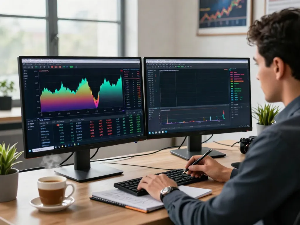 Trader utilizing MetaTrader 5 in a modern trading office, analyzing market data.