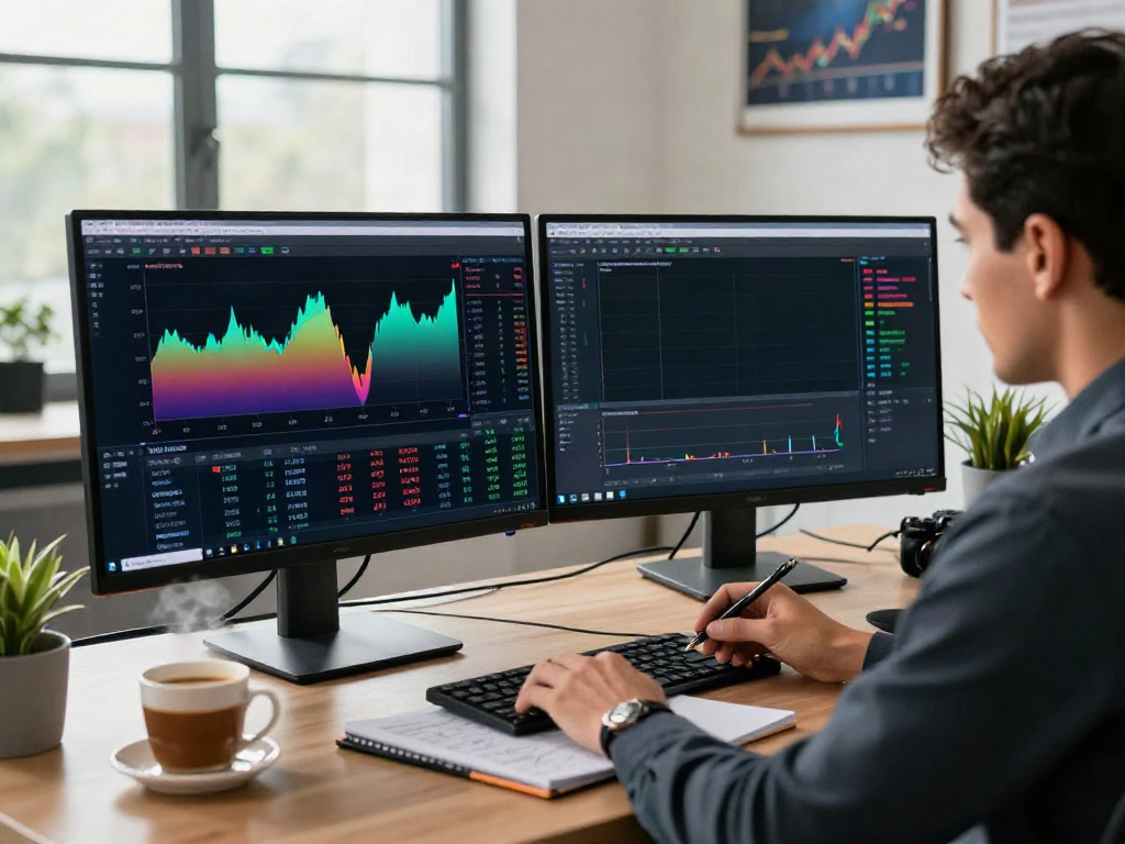 Trader utilizing MetaTrader 5 in a modern trading office, analyzing market data.