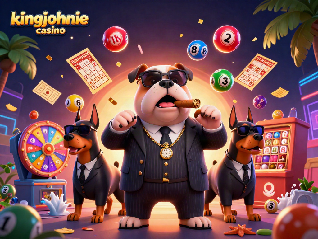 Experience the excitement of kingjohnnie casino with a vibrant 3D casino scene featuring a mafia bulldog and bodyguards.