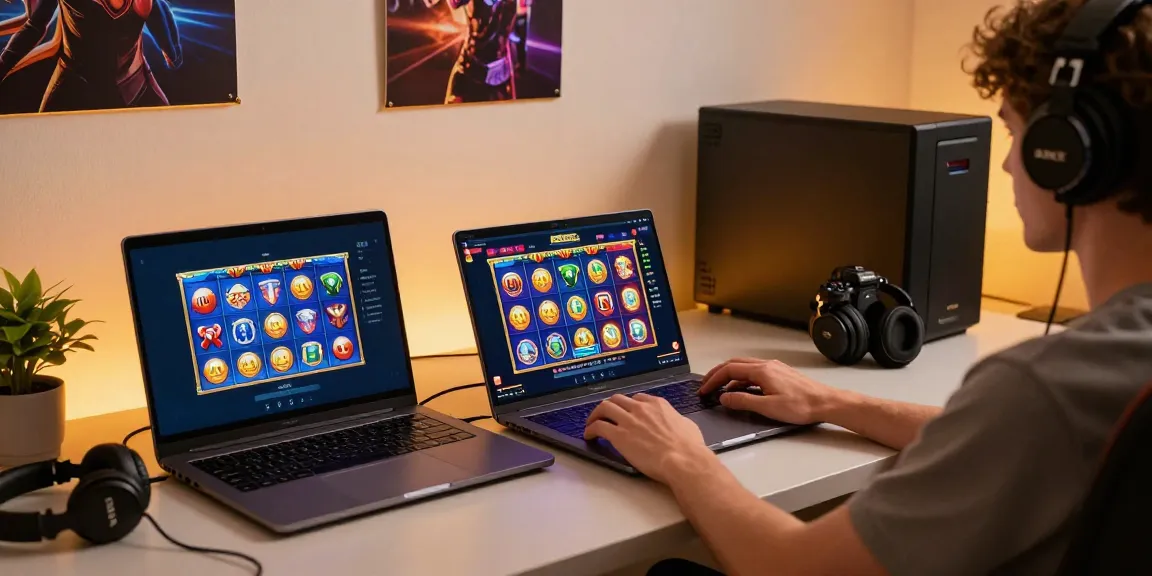 Engaging gaming scene with a player enjoying situs slot777 on a laptop featuring vibrant slot games.
