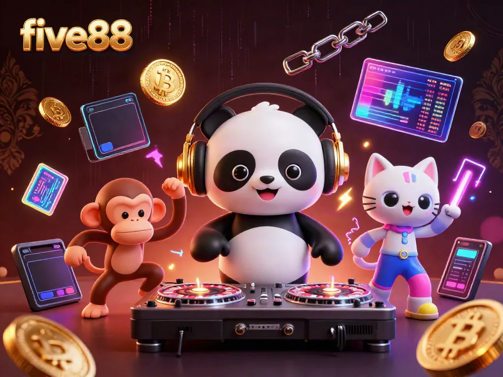 Engage in thrilling gameplay at five88 with a vibrant, lively 3D casino scene full of captivating characters and cryptocurrency elements.