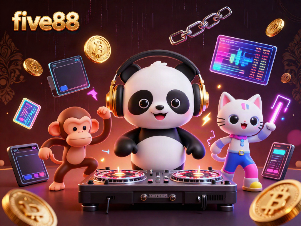 Engage in thrilling gameplay at five88 with a vibrant, lively 3D casino scene full of captivating characters and cryptocurrency elements.