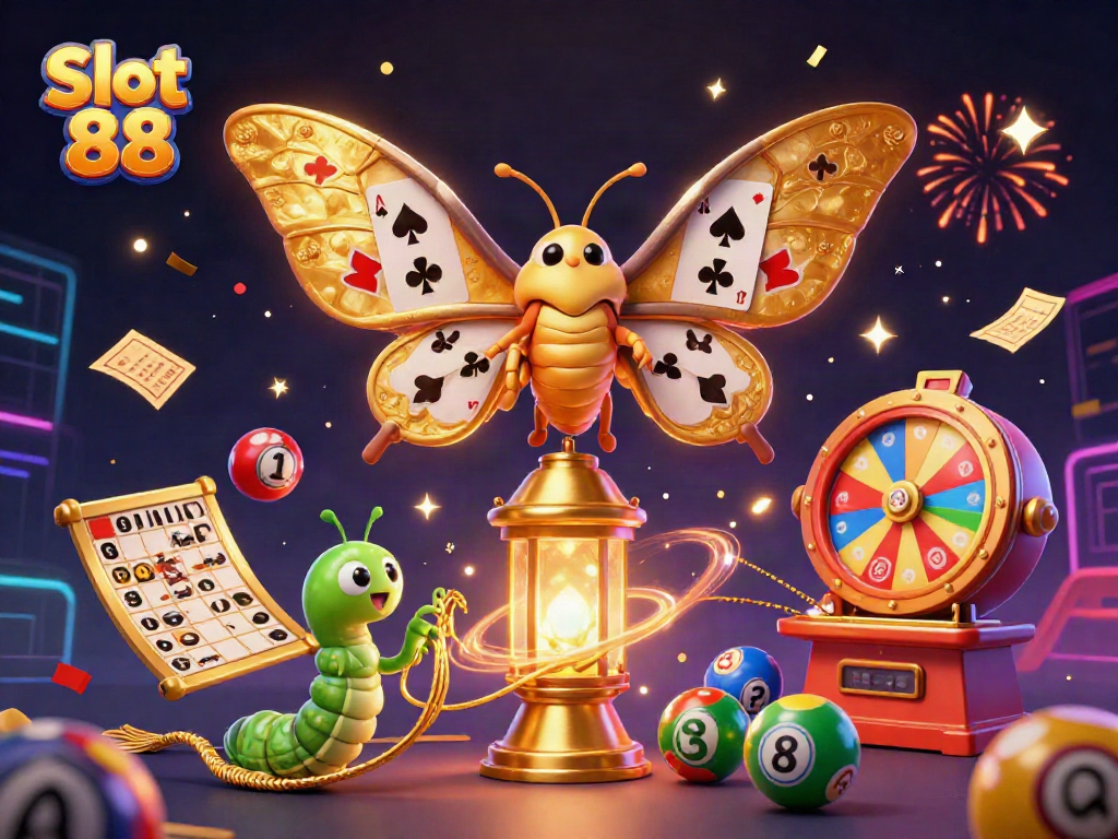 Spin vibrant Slot 88 reels with colorful casino elements and a celebratory backdrop.