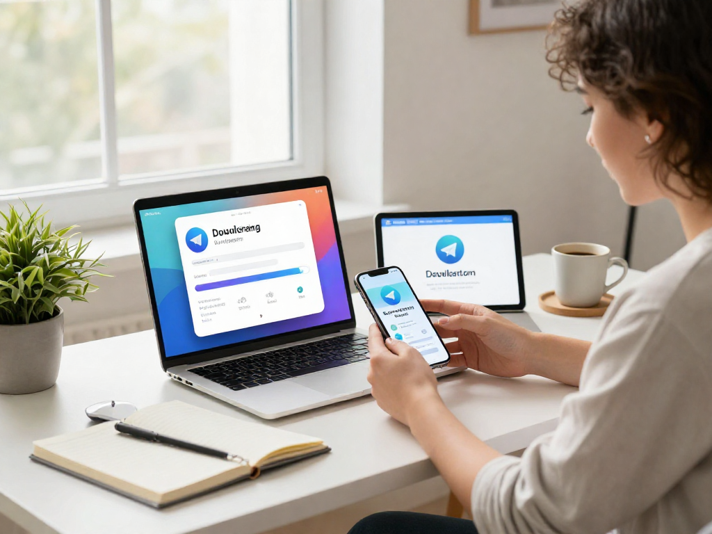 用户在现代工作环境中下载安装Telegram，展示多设备同步功能。