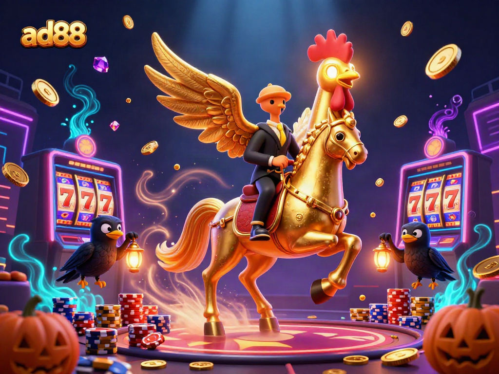Experience ad88’s thrilling slot action with a golden rooster and vibrant casino elements.