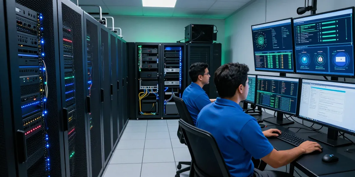 Dedicated servers en Mexico being monitored by IT professional in a modern data center.