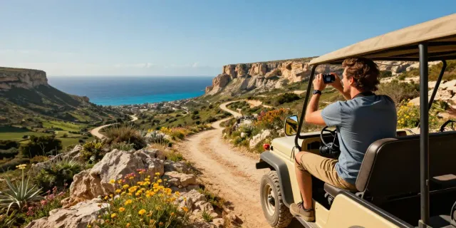 Gozo jeep tour adventure showcasing traveler navigating scenic landscapes with rugged cliffs and vibrant wildflowers.