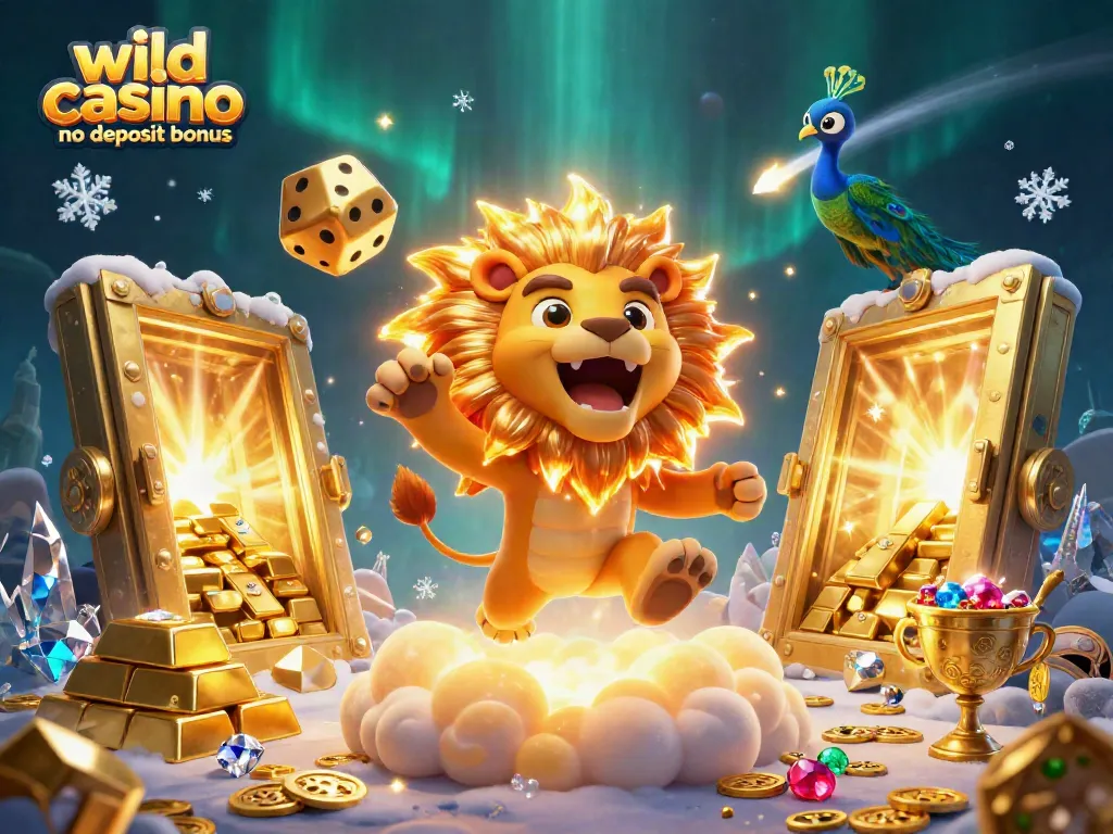 Experience the wild casino no deposit bonus with vibrant colors, spinning dice, and rich treasure visuals.