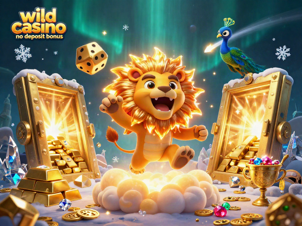 Experience the wild casino no deposit bonus with vibrant colors, spinning dice, and rich treasure visuals.