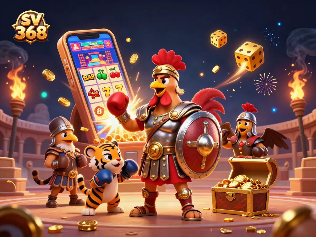 Engage in thrilling gameplay at sv 368 with this dynamic illustration of a gladiator rooster in an action-packed casino scene.