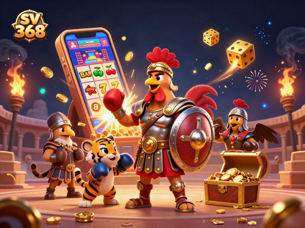 Engage in thrilling gameplay at sv 368 with this dynamic illustration of a gladiator rooster in an action-packed casino scene.