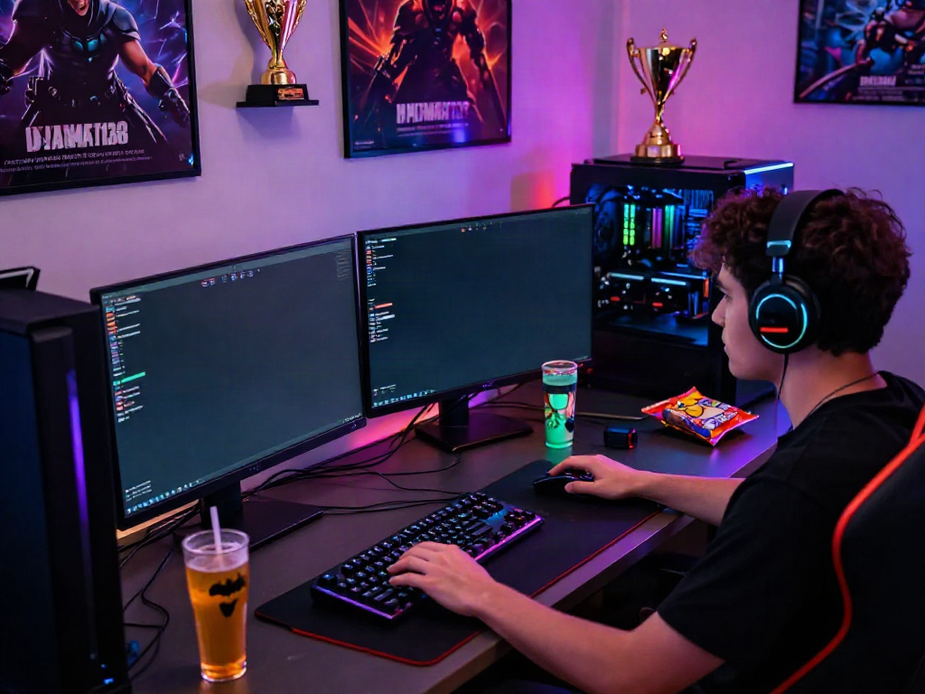 Engaged gamer playing on Batman138 with high-end equipment and colorful RGB lighting.