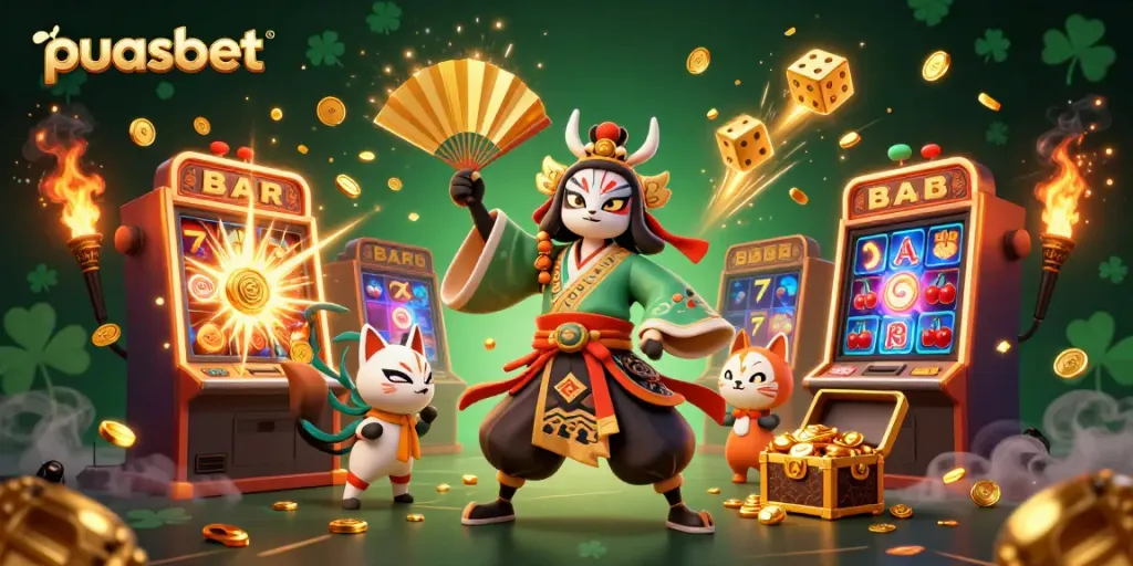Puasbet menghadirkan aksi bermain slot dengan karakter kabuki di tengah suasana kasino menawan.