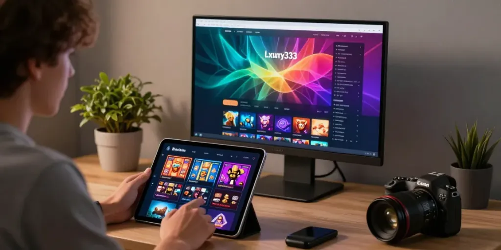 Luxury333 user exploring online games in a modern workspace setting.