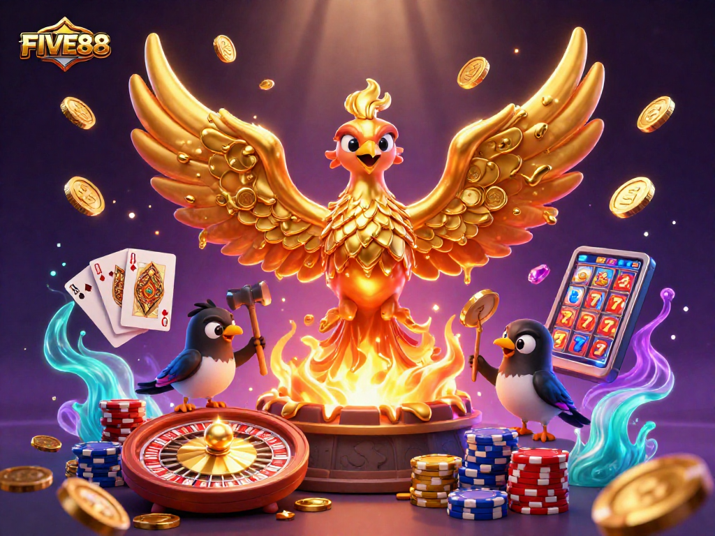 Win big at FIVE88 with a dazzling 3D scene featuring golden phoenixes, coins, and casino games.