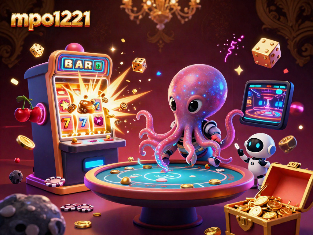 Engage in immersive fun with mpo1221, featuring a 3D alien octopus at a colorful poker table amidst vibrant casino elements.