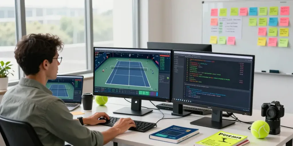 Developer building a tennis API with live scores, data analysis, and coding setup in a bright tech office.