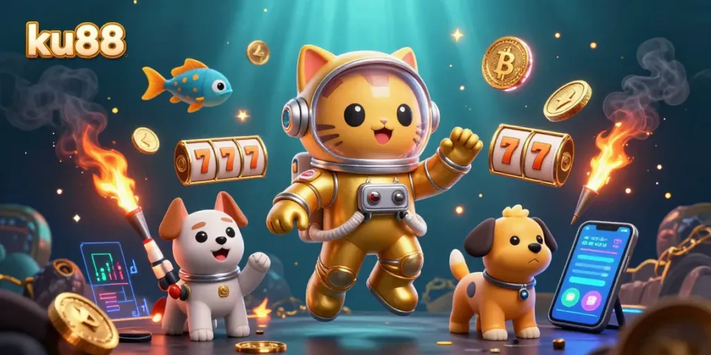 Engage in ku88's exciting casino experience with a 3D astronaut cat and vibrant jackpot symbols.