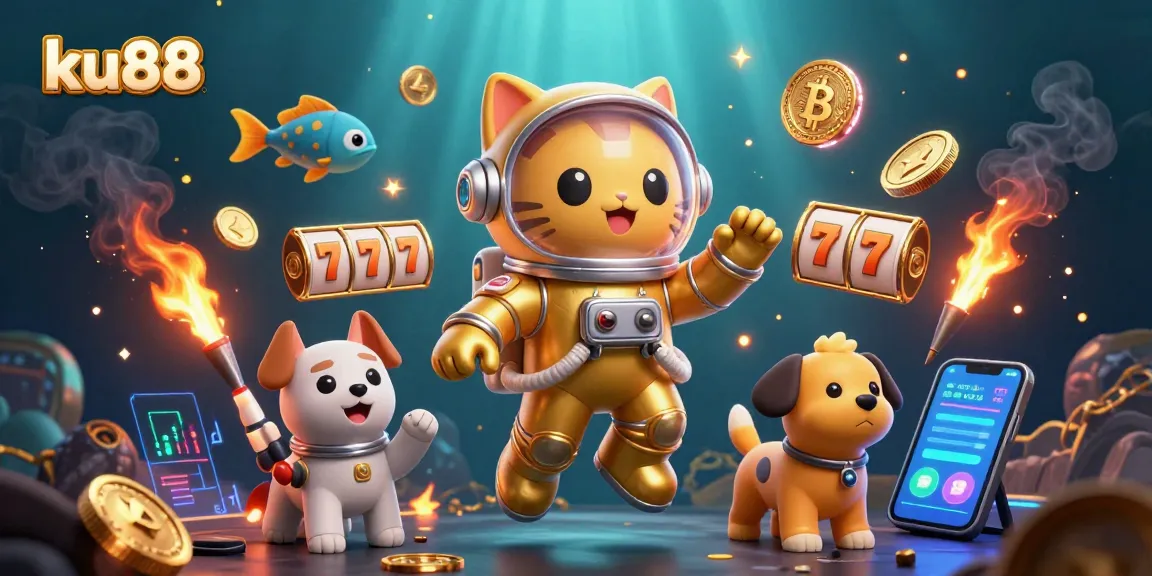 Engage in ku88's exciting casino experience with a 3D astronaut cat and vibrant jackpot symbols.