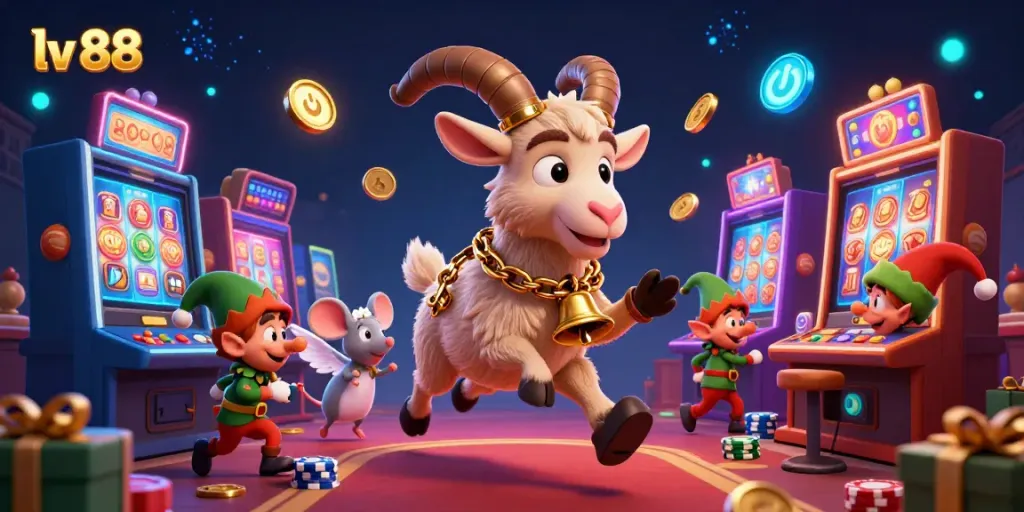 Experience the festive excitement of lv 88's casino scene with animated characters and vibrant slot machines.
