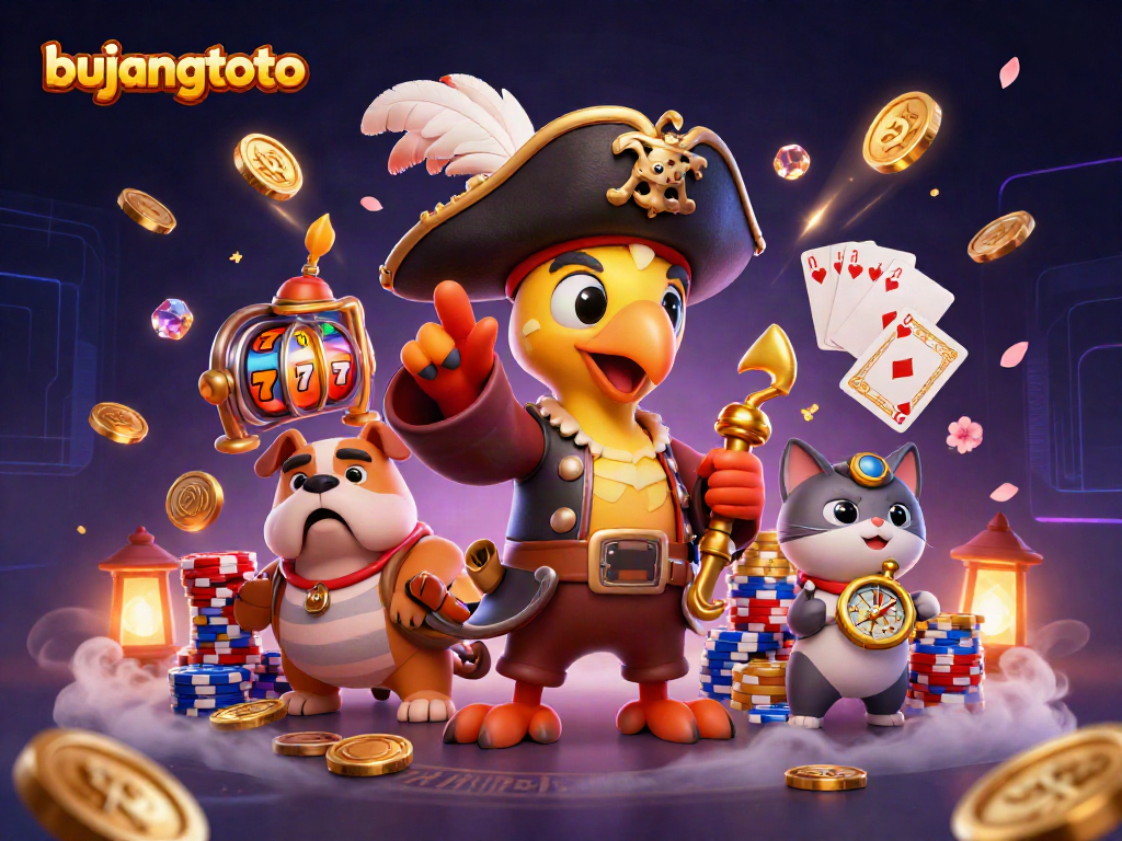 Bujangtoto slots action with a cartoon pirate crew in a vibrant casino scene