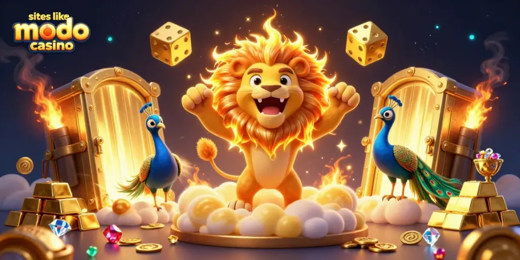 Engage with top sites like modo casino featuring a vibrant 3D scene of a roaring lion and golden treasures.