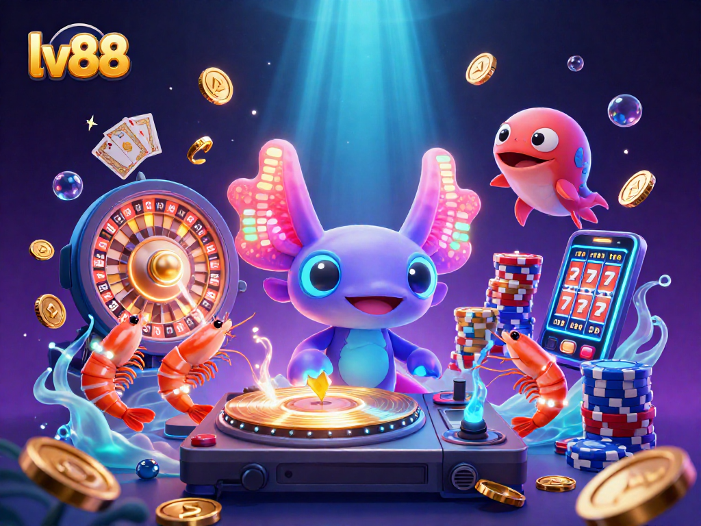lv88 ignites excitement as neon axolotl DJ spins golden records surrounded by vibrant casino elements