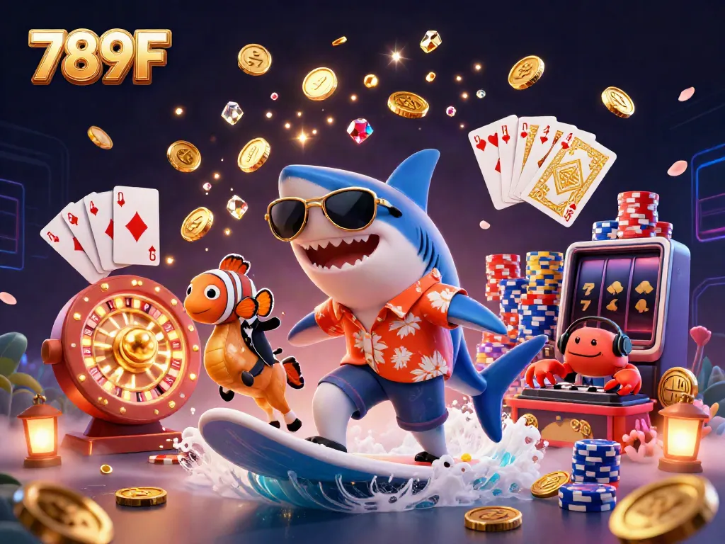 Engage in thrilling online casino experiences with 789F featuring lively cartoon characters amidst a cascade of gold coins and vibrant gaming elements.