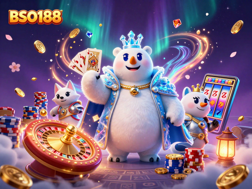 Experience BSO188 gaming excitement with a 3D illustration of a polar bear and snow fox in a magical casino scene.