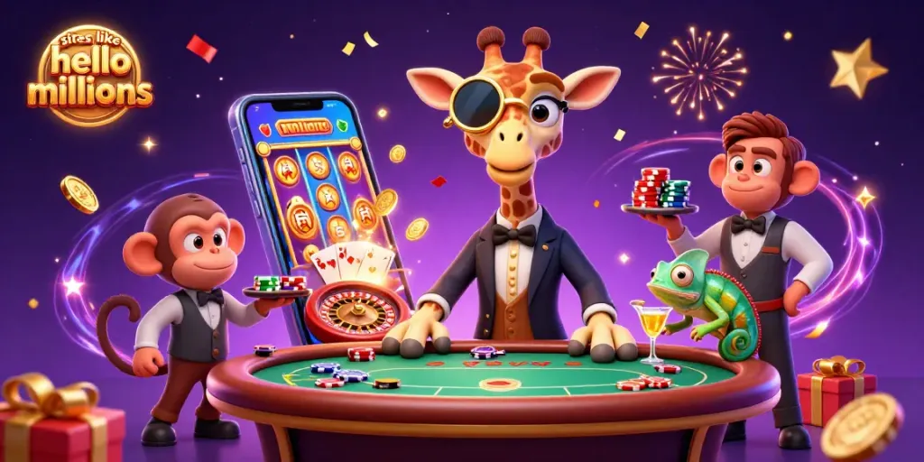 Play games at sites like hello millions in a vibrant casino with animated characters and lively elements.