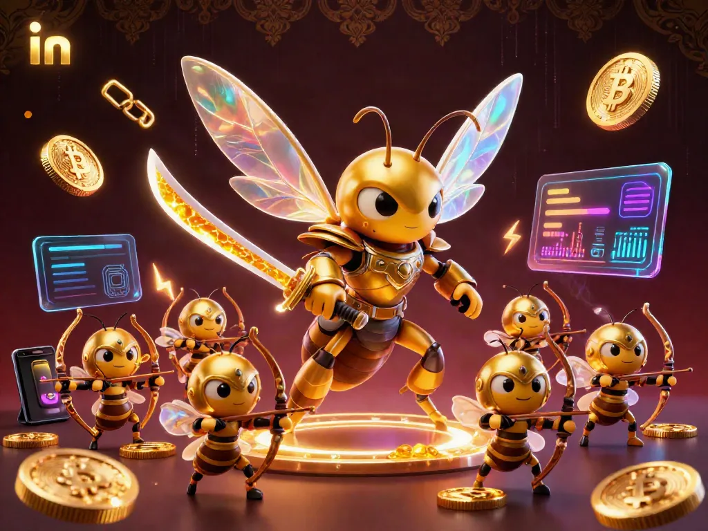 Experience the excitement in gambling with a vibrant 3D scene featuring a golden hornet samurai and crypto elements.