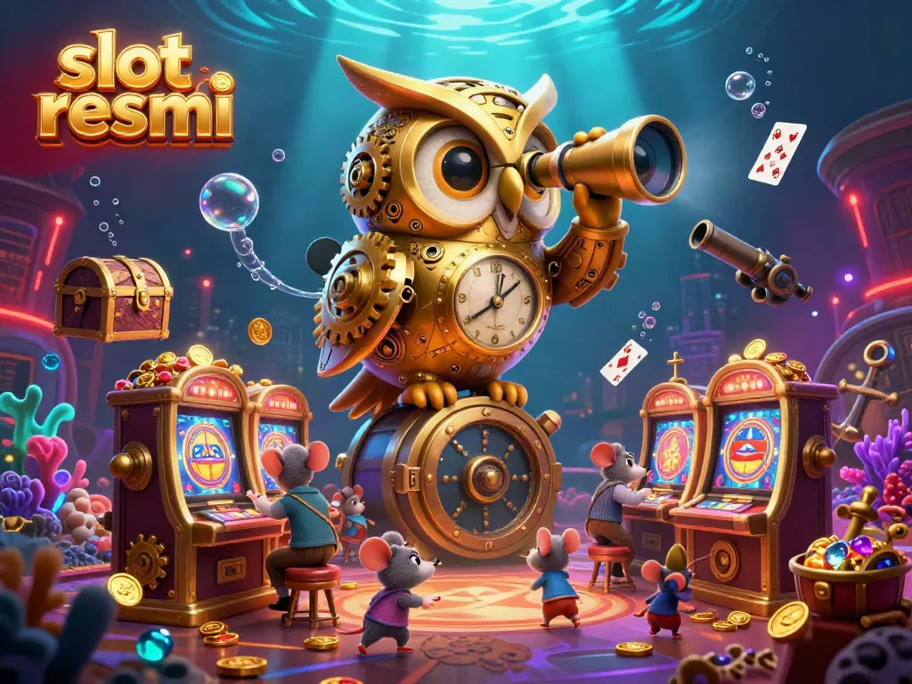 Engage with slot resmi as the golden owl oversees a lively casino, rich in intricate detail and dynamic energy.