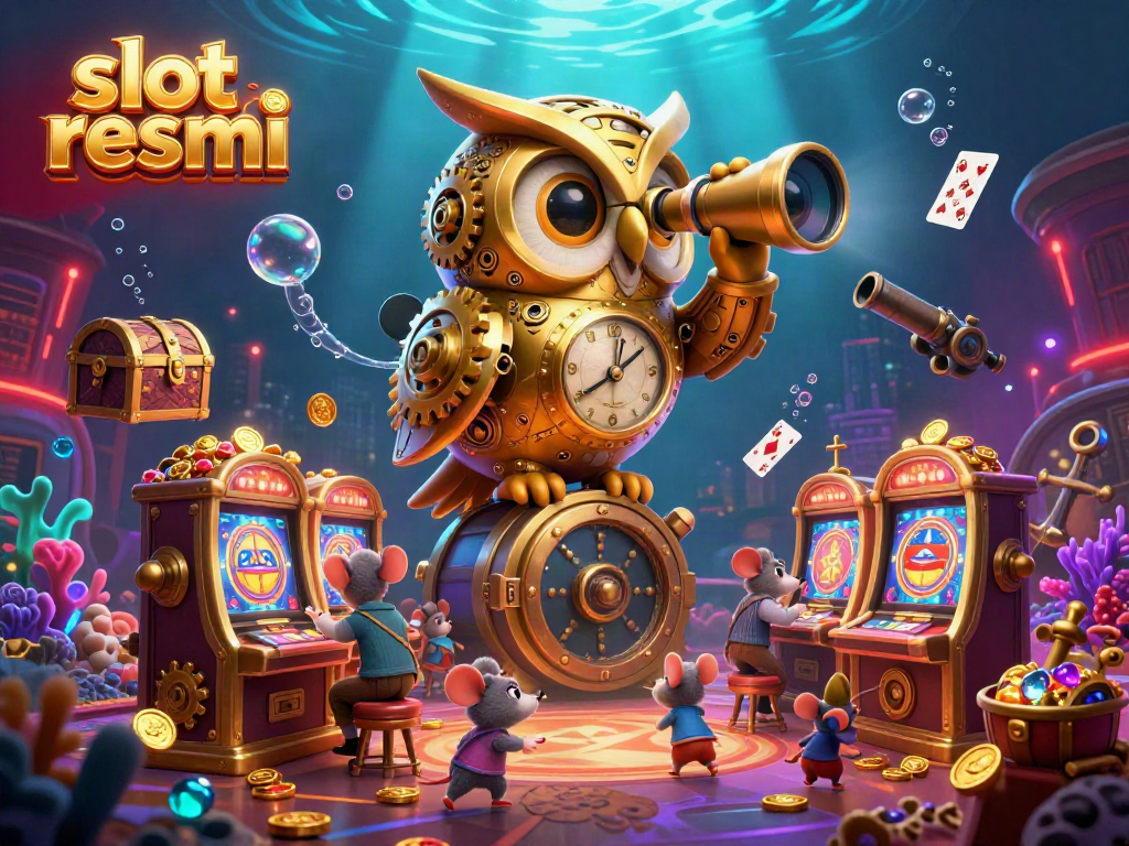 Engage with slot resmi as the golden owl oversees a lively casino, rich in intricate detail and dynamic energy.
