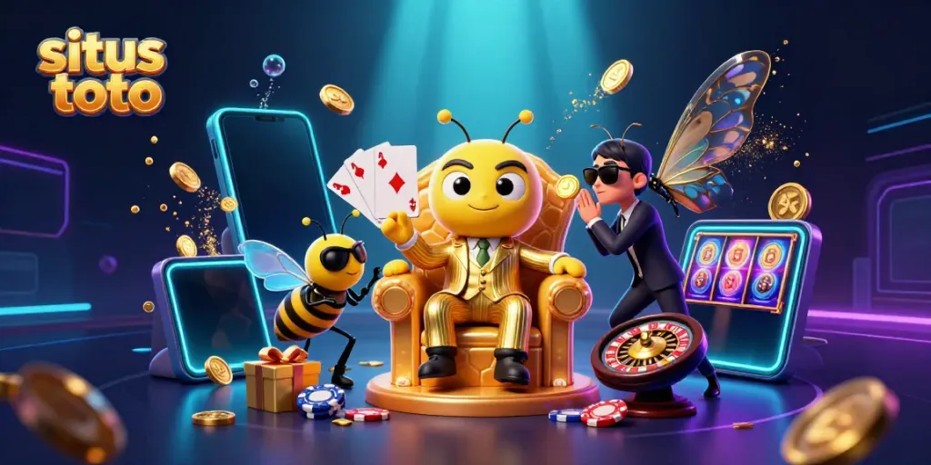 Experience situs toto with a cartoon mob boss in a vibrant casino setting, showcasing dynamic gaming elements.