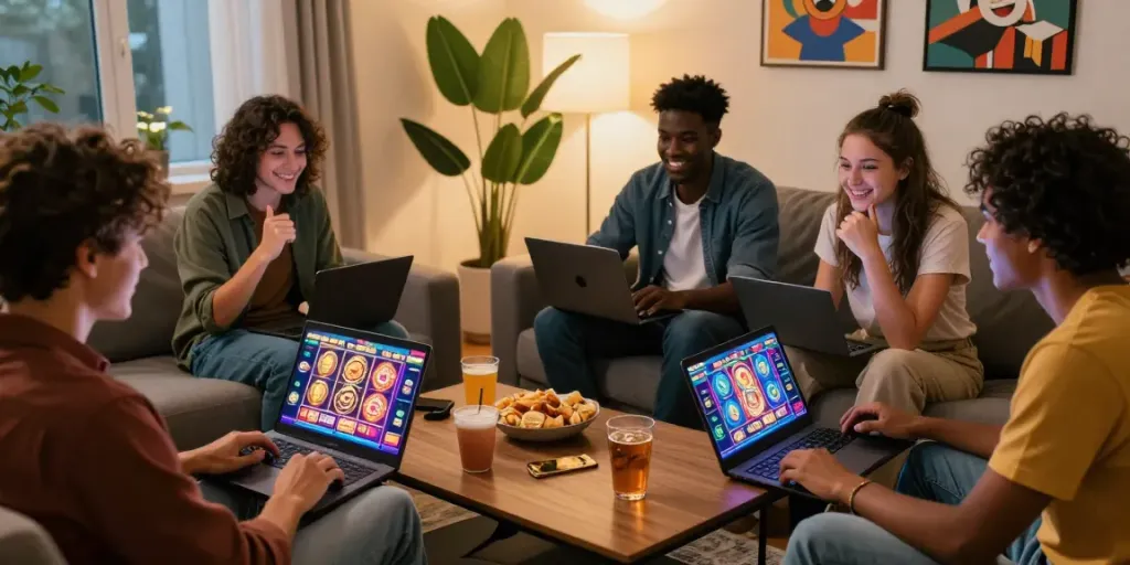 Exciting online gaming session showcasing link alternatif proplay88 with friends, vibrant slots on screens.
