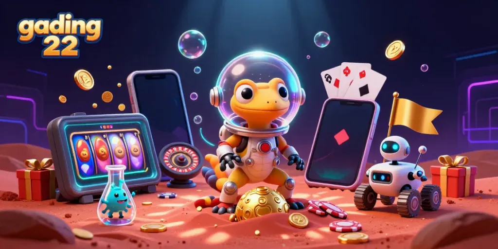 Engaging gading 22 themed 3D illustration of a Martian gecko discovering a casino, emphasizing gaming excitement.