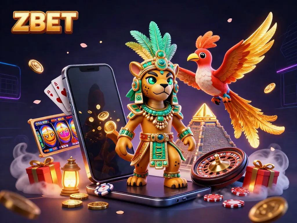 Experience excitement with ZBET's vibrant gaming universe, featuring a priest and quetzal bird alongside rich casino elements.
