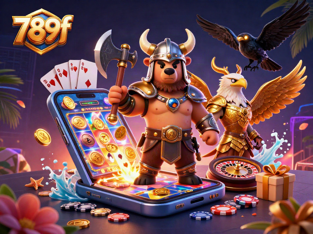 Experience the excitement with 789f, featuring a Viking bear and Valkyrie eagle amidst casino games.